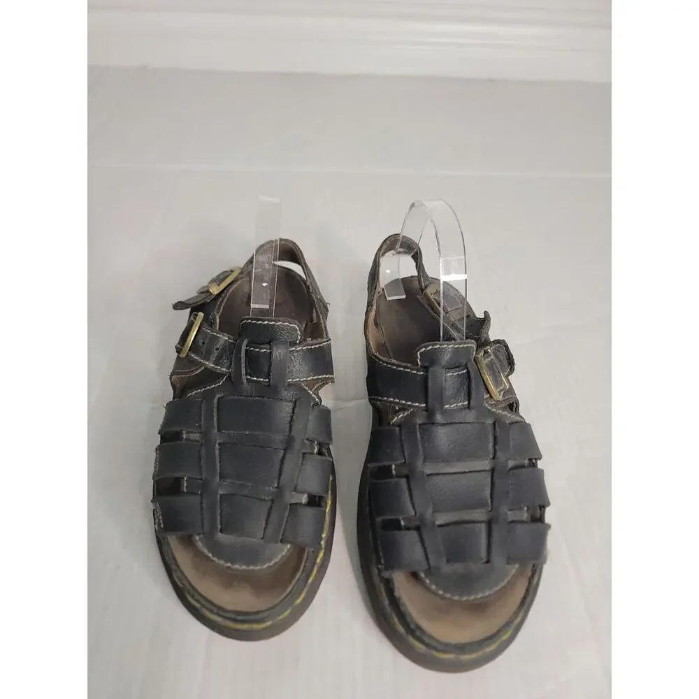 DR MARTENS Y2K Vtg UK 10 Black Distressed Leather Fisherman Sandals England